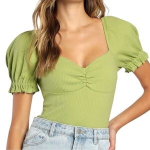 Lulu’s | Ribbed Knit Puff Sleeve Bodysuit in Lime Green - Size Small (NWT)